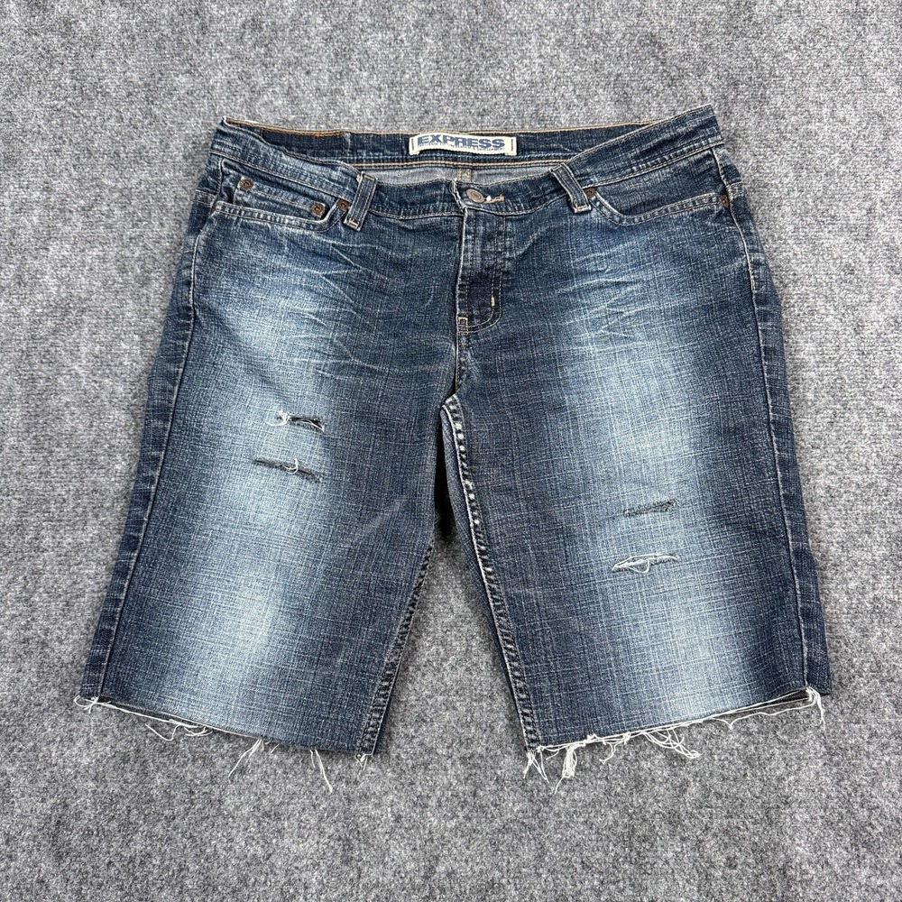 Express Precision Fit Denim Shorts Womens 33 Waist Low Rise Distressed Cut Off